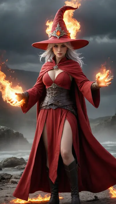 A beautiful girl with big boobs, silver hair, red mage robe, mage hat, A fierce woman stands amidst a stormy battlefield, her eyes ablaze with intensity, With a swift motion, she raises her hands, and brilliant fireballs burst forth from her palms, swirling with crackling energy, The flames flicker with shades of orange and red, casting a fiery glow around her, As she hurls the searing orbs into the air, they streak through the sky like comets, leaving trails of smoke in their wake, The ground trembles with each fiery impact, and the heat from her power radiates outward, warping the air around her, She commands the flames with precision, her every movement fueled by an indomitable will, fire, element, composed, of, elements, Rainbowiridal, Spiral, rainbowiridal, eyes, palette, Shiny..., Bright..., Intense, gaze, Fire, dragon, Amber, cat, Anthro..., woman, Genetically, modified..., <lora:Stunning_eyes_2:.8>
