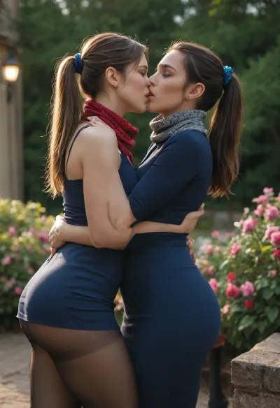 beautiful, gorgeous, 25_year_old, French woman, (Beautiful_French_woman), sitting on a guy's lap, facing the other way, he is hugging her from behind, he is kissing her neck, in the evening, dimmed_lighting, after_sunset, reflective_skin, (wearing a dark blue blouse, scarf, skirt, pantyhose), medium_height, long_hair, dark_hair, velvet_scrunchie, ponytail, blue_eyes, perfect_figure, plump_ass, small_nose, thin_lips, jewelry, flowers, handbag, intense_orgasm, orgasmic_face