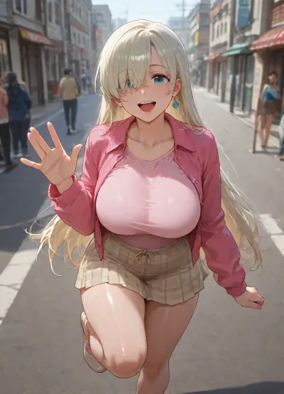 Elizabeth Liones, 1 female, solo focus, on the street, happy, smiling, shouting, waving, front view, medium full shot, athletic body type, curvaceous, big breasts, casual clothes, first date, pink jacket, looking at viewer, stocking on one leg, visible veins under the skin