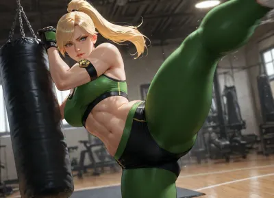 masterpiece, best quality, absurdres, newest, highres, very aesthetic, 1girl, solo, mature female, adult, sonya blade, (mortal kombat), blonde hair, blue eyes, ponytail, swept bangs, athletic, toned, muscular female, medium breasts, narrow waist, thick thighs, green sports bra, midriff, green leggings, black buruma, armband, fingerless gloves, black gloves, white sneakers, kicking, high kick, leg up, dynamic pose, punching bag, hitting punching bag, focused expression, determined, gym, gymnasium, indoor, exercise equipment, detailed background, cinematic lighting, dynamic angle, motion blur, detailed face, detailed eyes, intricate details, highly detailed