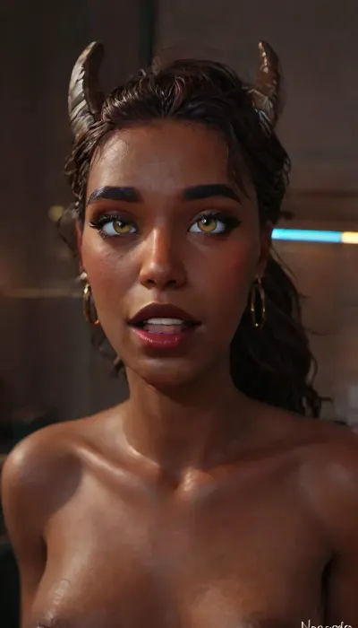 A 3D animated movie scene, cyberpunk theme, night city, (incase style:1.3), (Fortnite:1.5), portrait mode, 1girl, a tiefling woman in her 30s, (mature:1.3), (dark skin color, brown colored skin, ebony skin:2), (slender body), (small breasts, dark nipples), nude, (blue hair, electric blue color, bangs), (massive horns), (happy, laughing), eyeshadow, ((black lipstick)), piercings, ((detailed eyes, blue, glow, vibrant, black sclera:1.5)), long pointy ears, <lora:BUT_SDXL_SHS:.5>, <lora:add-detail-xl:.8>, <lora:LCMTurboMix_Euler_A_fix:2>, <lora:princess_xl_v2:.4>