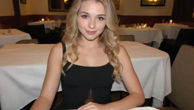 Smartphone photo, POV, short and petite 19yo, long wavy blonde hair with darker roots, light brown eyes, fair skin, natural no makeup face, soft shy smile, sitting across from me at an elegant upscale restaurant, fully clothed in a sophisticated black evening dress, candlelight, evening, candid, first date, front view, iPhone photo