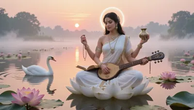 A stunningly beautiful and serene portrait of Saraswati at a tranquil lotus lake during sunrise. She sits gracefully upon a large white lotus floating on still water, surrounded by blooming lotus flowers and soft morning mist. Saraswati is radiant and ethereal, with a serene expression, delicate Indian features, luminous pale complexion, and long dark hair. She wears a graceful white sari with fine gold trim, elegant traditional jewelry, and a gentle glowing halo, representing purity and sattva. Saraswati has four arms, her hands are holding her symbolic object, a book, a rosary, a water pot, and an ornate veena. A white swan glides across the golden-pink water nearby, reinforcing her sacred symbolism. The rising sun casts warm, soft light across the lake, illuminating the mist, flowers, and reflections. The atmosphere is calm, holy, dreamy, and exquisitely beautiful, emphasizing harmony, purity, and divine feminine grace. Highly detailed, cinematic, painterly realism, Indian mythological beauty, elegant composition, soft color palette of white, gold, blush pink, and pale blue, sacred and timeless mood.