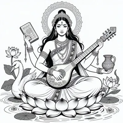 A black and white line drawing depicting Saraswati, the Hindu goddess of wisdom, music, art, and learning. She is portrayed as an extraordinarily beautiful and serene Indian goddess with refined facial features, calm expressive eyes, and long flowing hair rendered through elegant clean linework. She wears an elaborate traditional sari with richly detailed embroidered borders, layered jewelry, bracelets, necklaces, earrings, and a delicate ornamental headdress.

Saraswati has exactly four graceful and anatomically coherent arms, clearly separated and easy to read. Her four hands hold her traditional symbolic objects, an ancient sacred book, a prayer rosary, a traditional water pot, and an ornate classical veena. The veena rests naturally across her body and is rendered with intricate decorative line detail.

She sits gracefully upon a large blooming lotus. A graceful hamsa swan stands beside her. Around her are lotus flowers, lotus leaves, gentle water ripples, delicate floral ornamentation, an ornate circular halo, and subtle Indian temple-inspired decorative motifs. Her flowing sari, hair, lotus petals, and veena create an elegant balanced composition.

Pure black and white line art, crisp clean ink lines, sophisticated contour drawing, extremely fine detail, elegant varying line weight, intricate cross-hatching used sparingly for depth, white background, no color, no grayscale painting, no filled black shadows, beautiful illustrative anatomy, highly detailed hands, harmonious sacred composition, refined mythological illustration, suitable for an elaborate graphic novel plate or luxury coloring-book illustration.