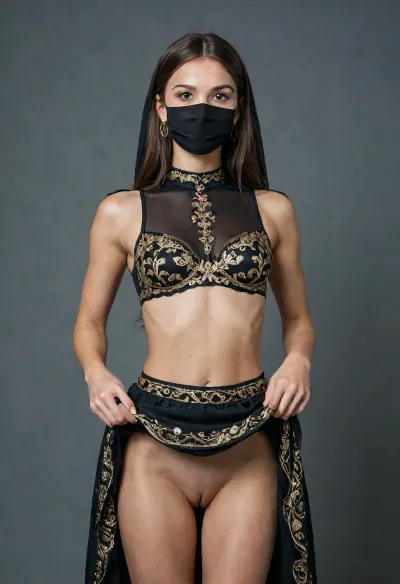 Adorned in an elaborate black and gold attire, The tall and very skinny Moroccan Amazigh woman's attire consists of a black bra, a tight black and gold skirt, a black veil on her head, and a black sheer lace mask that covers the lower half of her face, with only her eyes visible. The mask is intricately decorated with gold embroidery and chains, adding to the overall ornate appearance of the outfit. I look at you, raising my chin slightly, (girl shows her pussy by lifting up her skirt:1.3), (lifted skirt:1.2), (no panties:1.2), (pussy, smooth pussy:1.2), a slight smile playing on my lips.