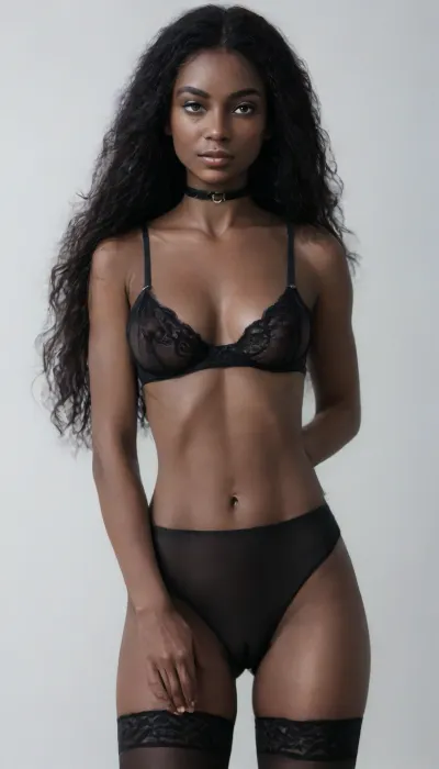score_9, score_8_up, score_7_up, masterpiece, 4K, solo, (adult:1.8), woman, (21 years old:1.4), (21yo), (African American:1.6), (black skin:2), (long hair:1.4), (black hair:1.4), (brown eyes), (petite:1.2), medium breasts, (visible nipples), (wide hips), (fit thighs), (black thigh high stockings:1.4), (see-through bra and underwear:1.6), (black lace bra:1.4), (small nipples:1.4), (black lace underwear:1.4), (cameltoe:1.4), (black choker:1.4), seductive smirk, aroused, (standing:1.4), (model:1.4), (seductive:1.4), (centerfold:1.6), (white background:1.8), (front view:1.4), (pov), 35mm, <lora:deep_Onyx_black_woman_verz:1.8>