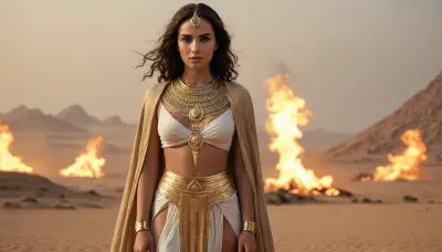 egyptian women praist in ancient robe, gold lingery in deep desert, fire storm on horizont