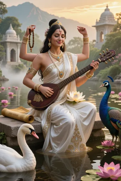 The beautiful Hindu goddess Saraswati, with a serene, smiling expression. She wears a sari made of white fabric, artfully adorned with gold embroidery, as well as traditional Indian gold jewelry and pearl necklaces. She has exactly four arms, with two hands, she gracefully holds and plays a dark-wooded vina, with her upper right hand, she holds a wooden “mala” rosary, and the fingers of her upper left hand are folded in a mudra. She sits on a stone platform by a sacred, mirror-like river strewn with blooming pink lotuses. A white lotus flower rests on her lap, and next to it lies an unfurled scroll of the Vedas. In the foreground on the left is a majestic white swan, and on the right—a vibrant peacock with iridescent blue-green plumage. In the background, the white marble pavilions of an ancient temple, rendered with a soft focus, blend into the lush greenery and gently misty mountains beneath the warm sky of the “golden hour.” Volumetric divine lighting, a photorealistic fantasy-style masterpiece, and highly detailed skin textures.
