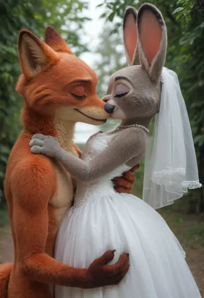 (Furry, Judy Hopps from "Zootopia":1.7), (Furry, Nick Wilde from "Zootopia":1.7), ((Disney)), Judy Hopps and Nick Wilde, wedding, wedding dress, kissing, hug, altar.