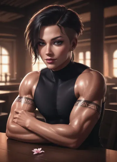 A powerful woman with refined Asian facial features, high cheekbones, almond-shaped dark eyes, and a massive, hyper-muscular build with broad shoulders and a v-tapered physique as observed from Picture 1, her dark hair pulled back neatly, her arms and shoulders covered in intricate black-and-grey tattoos of dragons and cherry blossoms, sits across from a young man with short ash-blonde hair, pale skin, and a slender frame as observed from Picture 2. The woman is dressed in a simple black top, her massive, defined musculature contrasting with her composed, regal posture, one hand rested gracefully near her chin, her expression one of intense, scrutinized interest as she holds his gaze. The skinny man sits opposite her, relaxed and smiling with genuine warmth, his posture open and unafraid, his clear eyes meeting hers with calm sincerity.

The restaurant setting is intimate and dimly lit, with a single candle on the table providing a warm, flickering glow that highlights the woman's defined muscles and the intricate details of her tattoos. Background elements include the soft, blurred silhouettes of a high-end restaurant interior, with rich wood panelling and distant ambient lighting creating a sophisticated, quiet atmosphere. The scene is captured in a cinematic, photorealistic style, with perfect contrast and deep shadows that emphasize the physical difference between the massive woman and the slender man.

Photorealistic drawing, 32K resolution, intricate details, supreme render, octane-engine, ambient occlusion, detailed skin texture, cinematic lighting, focused composition, perfect contrast, complex render, realistic proportions., hyper muscular shoulder, Bodacious, Buff, Babe, Bro, uberfit, muscular, athletic, <lora:bodybuilder:2>, <lora:Bodacious_Buff_Bodiez:2>, <lora:dark:.3>, <lora:uberfit_lora_sdxl:2>