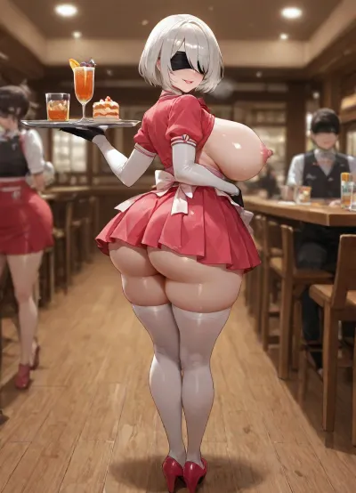 Yorha 2b, (full body, hero view), (black blindfold, waitress, standing, holding_serving_tray, drinks, desserts), many customers are sitting in the background talking to each other, (both breasts fully exposed, waitress_uniform, extremely_short_skirt, no_hat), (curvaceous, fat ass, bubble_butt), (club_atmosphere, vibrant_colors, solo_focus), (pink_lipstick, smiling, black_eyeshadow, slight_blush), (explicit, highly_detailed_nipples, shiny_skin, intricate details, depth of field, absurdres)