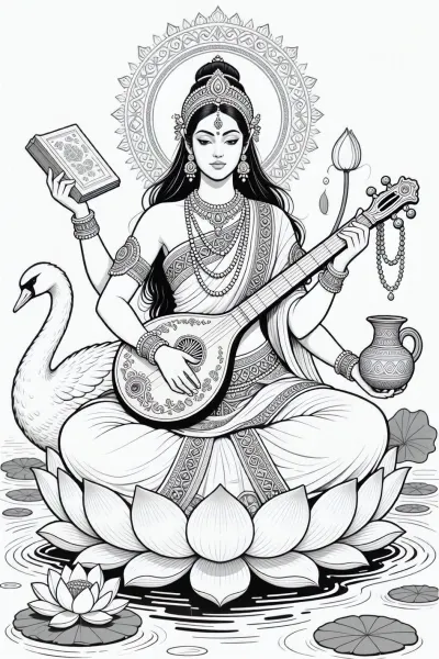 A black and white line drawing depicting Saraswati, the Hindu goddess of wisdom, music, art, and learning. She is portrayed as an extraordinarily beautiful and serene Indian goddess with refined facial features, calm expressive eyes, and long flowing hair rendered through elegant clean linework. She wears an elaborate traditional sari with richly detailed embroidered borders, layered jewelry, bracelets, necklaces, earrings, and a delicate ornamental headdress.

Saraswati has exactly four graceful and anatomically coherent arms. Her four hands hold her traditional symbolic objects, an ancient sacred book, a prayer rosary, a traditional water pot, and an ornate classical veena. The veena rests naturally across her body and is rendered with intricate decorative line detail.

She sits gracefully upon a large blooming lotus. A graceful hamsa swan stands beside her. Around her are lotus flowers, lotus leaves, gentle water ripples, delicate floral ornamentation and an ornate circular halo. Her sari, hair, lotus petals, and veena create an elegant balanced composition.

Pure black and white line art, crisp clean ink lines, sophisticated contour drawing, extremely fine detail, elegant varying line weight, intricate cross-hatching used sparingly for depth, white background, no color, no grayscale painting, no filled black shadows, beautiful illustrative anatomy, highly detailed hands, harmonious sacred composition, refined mythological illustration, suitable for an elaborate graphic novel plate or luxury coloring-book illustration.