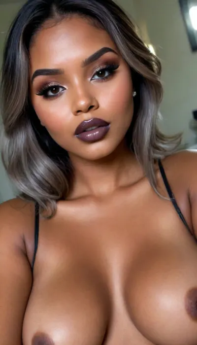 Insanely detailed photo of an 28 years old latin woman, dark skin woman, ((curvy body)), Close-up girl, ((round face)), (((brown skin))), (((full lips))), (((grey lipstick))), small cute nose, standing, face, (((round elastic medium breasts))), (((straight hair))), (((black iron-flattened hair))), (((oiled skin))), (detailed black eyes), (((slut makeup))), round earrings, green necklace, long big thick, (high resolution image), (perfect face), sexy, beauty, (ultra realistic:1.7), (maximum quality:1.5), (high resolution:1.7), (extreme detail:1.5), (ultra realism:1.6), 8k, he, photo was taken by Canon Eos, (maximum detailed skin:1.6), (((I was offended))), melanin, <lora:BUT_SDXL_SHS:.8>, <lora:melanin-XL:2>