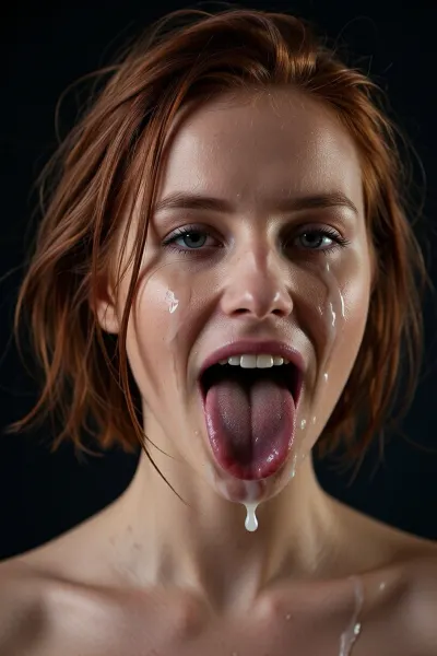 score_9, score_8_up, score_7_up, score_6_up, poprtrait, tight, orgasm face, horny, sexy, nice white teeth, (dark wet tiny lips), red short messy hair, semen in her tongue, semen dripping, dark background, soft light