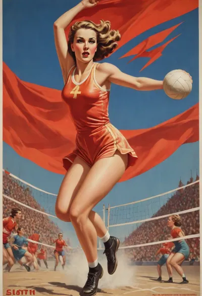 (in style of hand-drawn Soviet sports posters of the 1930s to 1950s), jumping in attack volleyball girl