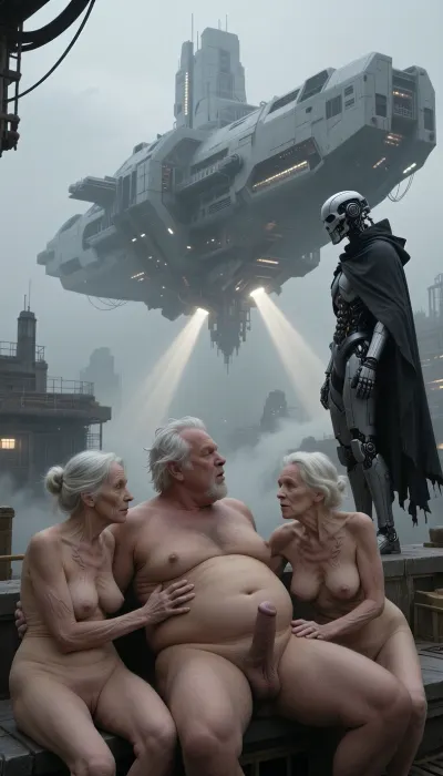 In an outdoor room, an obese old man with a huge belly and disheveled white hair sits on his back. His penis is erect. Two elderly, naked, and stout women, around 90 years old, are also present. Their skin, marked by wrinkles, (small, long, sagging breasts, thin skin), is that of women their age., (One of the women is masturbating the man:3.9), meters tall., cinematic sci-fi concept art, a lone futuristic cyborg figure with a mechanical skull-like mask and a dark tattered cloak standing on a ledge, looking out at a massive colossal monolithic floating spaceship structure, heavy industrial architecture, misty and foggy atmosphere, dramatic light rays beaming from beneath the spaceship, monochromatic color palette with shades of gray and muted highlights, intricate mechanical details, cyberpunk aesthetic, epic scale, hyper-realistic, highly detailed, sharp focus, volumetric lighting, digital painting, trending on ArtStation, style of Simon Stålenhag and H.R. Giger.