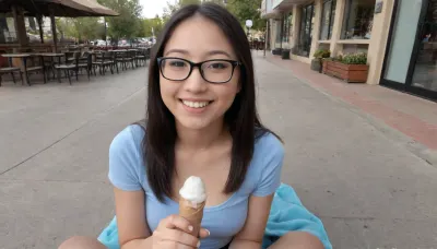 Smartphone photo, POV, only one short and petite 16yo asian woman, asian, nerdy, wearing glasses, no makeup, angelic innocent virgin face, very happy soft smile, sitting across from me on a first date, eating ice cream with a spoon, fully clothed, outdoor ice cream shop or café, daylight, candid, first date, front view, iPhone photo, single woman only