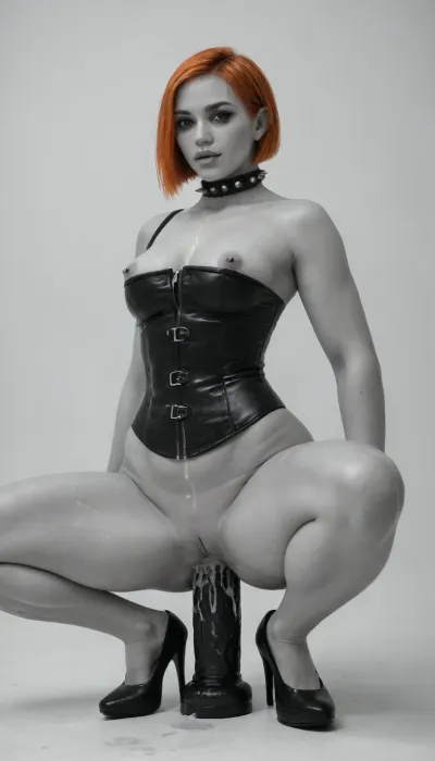 (((black and white, no colors:3))), ((her orange hair is the only color in this black and white picture)), 30yo black american, ((curvy figure)), ((twizing her nipples, nipples visible)), ((orange bobcut hair style:1.4)), ((anal)), crouching on a dildo, black dildo, ((extreme pale skin:1.6)), ((black high heel 4 inch plateau pumps:1.4)), ((long black leather cloves:1.6)), ((black underbust leather corset:1.4)), ((black spiked collar:1.4)), ((perky tits)), ((tits visible:1.4)), nipple piercing, ((pussy visible:1.2)), looking at viewer, (big bimbo lips, heavy makeup), hard trust, wet skin, sweaty, oiled skin, orgasm, smiling, eye wide open, anal fuck, ((full body view:1.4)), black dildo deep in ass, ((white background:1.4)), ((cum on her body:1.5))