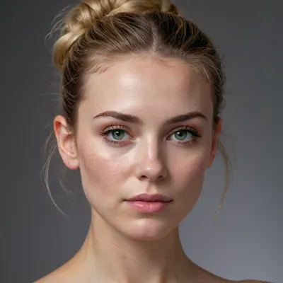 beautiful sexy slender 40 year old blonde woman posing naked, full body camera view, photorealistic 8k hyper-detailed anatomical portrait photograph, long oblong/oval refined facial structure, high height-to-width ratio, sculpted high zygomatic bones with subtle volume, fluid tight mandibular line with clean open gonial angle, narrow delicate acuminate chin with clear anterior projection, precise vibrant green irises with complex natural patterns, medium-large eye size proportionate to face dimensions, standard inter-ocular distance of exactly one eye width, centered within orbits, precise almond shape, defined supraorbital ridge, visible clean upper eyelid crease, finely sculpted thin eyebrows, horizontally-oriented subtly naturally arched starting from clear inner point, natural hair texture, long narrow perfectly straight nasal bridge with fine defined bone structure, long well-sculpted philtrum with two clearly defined central ridges, tight pronounced Cupid's bow on upper lip, (proportioned lips 1.5:1), lower to upper ratio, natural rose-pink color, fine-textured skin showing natural pores, light scattering of subtle natural freckles across mid-face and cheeks, light brown messy high bun hairstyle, metallic silver hoop earrings.