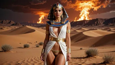 Egyptian women priest in ancient robe, gold lingerie in deep desert, fire storm on horizon