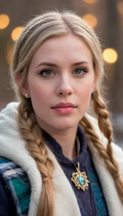 A fiercely proud Nordic girl stands, her presence exuding unwavering strength. Her blonde braids cascade down her back, framing a face marked by determination and resilience. This stunning portrait captures her piercing blue eyes, reflecting the icy landscapes of her homeland. The intricate details of her embroidered Viking armor and fur-lined cloak speak of her warrior spirit. This high-quality painting seamlessly combines power and grace, drawing the viewer into the captivating story of a fierce Nordic warrior princess. body manipulations, divine proportion, non-douche smile, gaze into the camera, holographic shimmer, whimsical lighting, enchanted ambiance, soft textures, imaginative artwork, ethereal glow, silent Luminescence, whispering Silent, iridescent Encounter, vibrant background, full body, (((rule of thirds))), high quality, high detail, high resolution, (bokeh:2), backlight, (long exposure:2), green, eyes, blue, brown, perfecteyes, <lora:PerfectEyesXL:.8>