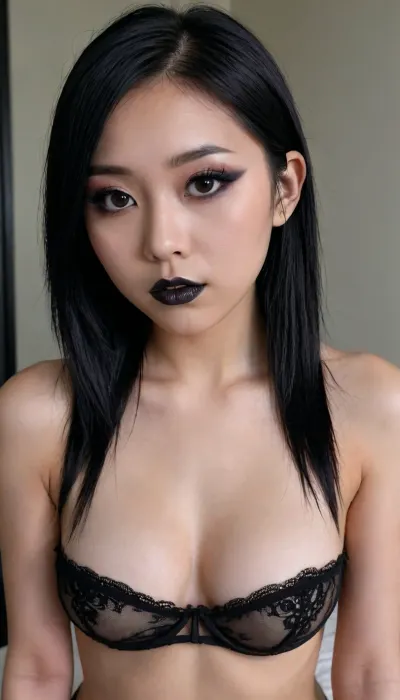 18 year old, goth Asian girl, completely naked, Gothic makeup, high quality, Best quality, realistic, athletic body, fit girl, busty girl, natural tits, Looking at the camera, slutty face, slutty look, very petite girl, very detailed, full naked body, plain background.