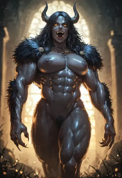 Evil Colossal female Lycan from skyrim, sexy Lycan girl, yellow-eyes glowing, horror, tone, black wet fur, black filigree ornaments, huge boobs, massive muscles under fur, open mouth with lots of sharp fangs, posing on jagged throne, epic backlighting, raytracing, sharp focus, blurred background, artstyle elden ring