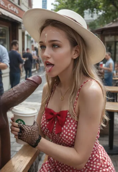 (full clothes 3men, blowbang:1.3), (side view:1.2), Sexy German blonde mature cum whore, ((in polka dot dress)), gold necklace, (blowjob:1.3), sitting at the table, (eyes contact), slutty smirk, half-open mouth, perfect small tongue, (cum dripping from tongue:1.3), perfect 5 fingers, (fishnet thin gloves:1.2), red nails, huge heavy makeup, red lipstick, very good hair, (white sunhat with red bow:1.4), dark skinned African man side standing of woman, full clothed dark skinned man ejaculating sperm into her drinking coffee cup, side view, big ejaculation penis, (man's ejaculation big black penis is located directly above her coffee cup), (cum dripping in coffee cup:1.4), (ejaculation:1.3), (white cum on forehead:1.3), (cum on hair:1.3), (full sperm from man's big penis flows down into the drinking cup with coffee:1.2), (living public cafe outdoor, very much public background:1.4), (queue of many men to whore woman:1.3)