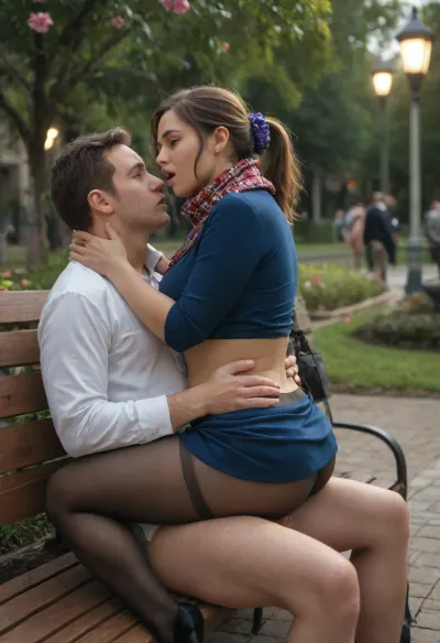 beautiful, gorgeous, 25_year_old, French woman, (Beautiful_French_woman), having hardcore sex, vaginal sex, penetration, lap dance position, on a public park bench, in the evening, dimmed_lighting, after_sunset, reflective_skin, (wearing a dark blue blouse, scarf, skirt, pantyhose), medium_height, long_hair, dark_hair, velvet_scrunchie, ponytail, blue_eyes, perfect_figure, plump_ass, small_nose, thin_lips, jewelry, flowers, handbag, intense_orgasm, orgasmic_face