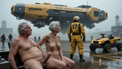 In an outdoor room, an obese old man with a prominent belly and disheveled white hair is sitting on his back. His penis is erect. Two elderly, naked, and stout women, around 90 years old, are also present. Their skin, marked by wrinkles, (small, long, sagging breasts, thin skin), reflects their age., (One of the women with a bob-cut hairstyle performs masturbation on the man:5), (masterpiece, top quality, best quality:1.2), cinematic view, a lone astronaut in a yellow tactical spacesuit with the number '17' on the back, standing on a wet, rainy landing pad, viewed from behind, looking up at a massive, hulking, yellow and dark gray industrial spaceship hovering just above the ground, the ship has the text "ORBIT PARCEL SERVICE" clearly written on its side, a rugged yellow futuristic rover parked to the right, other figures visible in the misty, foggy background, industrial sci-fi aesthetic, gritty texture, moody atmospheric lighting, overcast sky, wet reflective concrete ground, hyper-detailed, cinematic composition, futuristic technology, post-apocalyptic vibe, shot on 35mm lens, depth of field, sharp focus on the astronaut.