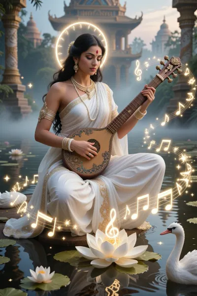 A breathtakingly beautiful depiction of Saraswati, the Hindu goddess of wisdom, music, art, and learning, seated gracefully on a luminous white lotus beside a serene temple pond. She is elegant, divine, and radiant, with a calm, intelligent, compassionate expression, long dark flowing hair, and refined Indian features. She wears a flowing white sari with delicate gold embroidery, pearl and gold jewelry, and a soft glowing halo. In her hands she plays a beautifully ornate veena. From the veena’s strings, visible streams of golden musical energy spiral outward and transform into glowing Sanskrit calligraphy, white lotus petals, swans, tiny stars, and delicate patterns of light, as if her music is creating beauty and knowledge in the world around her. A graceful white hamsa stands in the shallow water nearby. The setting is dreamy and divine, with soft dawn light, mist, reflections in the water, and a sacred, ethereal atmosphere. Highly detailed, cinematic, majestic, spiritual, elegant composition, rich ornamentation, harmonious colors, divine feminine beauty, Indian mythological art with a refined semi-realistic or painterly look.