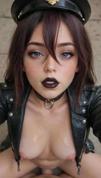 (Princess Cadence from equestria girls), sunglasses, belt, collar, latex stockings, ((wet body, oiled chest, big leather jacket jacket), View from above, naked, cowgirl position pov sex, best quality, close up, lacive face, black fingerless gloves, official art, 1girl, long bangs hair, perfect body, detail face, black lipstick, leather collar, hair between eyes, sunglasses, big breats, dynamic view, highres, close up view, half closed eyes, shadow eyes, makeup blush face, looking at viewer, wearing open black leather jacket, bite gee lips, eyes, unfingered black gloves, collar, belt, long black boots, ears, headset, black police hat, pov girl on top, screaming, selfie Arm to the viewer holding hand at Viewer, neon dark ilumination, bedroom latex background)