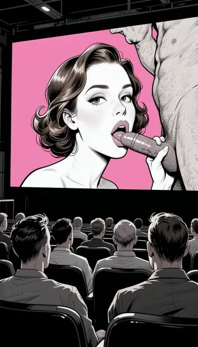 (detailed pen and ink sketch:2), extremely stylized background, A black and white illustration in a bold, graphic style, from the back of a completely dark movie theater packed with an audience, men only, sitting in rows of seats. The viewer is positioned behind the male viewers, showing only the backs of their heads as they face forward, watching the giant cinema screen. A hardcore porn movie projected crystal clear on the screen, dominating the center of the frame.
On the screen, a full-body sex scene is projected. The projected scene features a ultra-sharp, high-definition hardcore sex scene, dominating the center of the frame. The projected scene features a ultra-sharp, crystal-clear, high-definition hardcore image of a female pornstar performing oral sex in the studio. On the screen, pink wall, cinematic. A sex scene οf the woman on the knees, grabbing and sucking the cock of a standing tall man in close view on the screen, clearly performing a deep, sloppy blowjob. The actress on the screen is beautiful, oval face, large cheeks, big brown eyes, arched eyebrows, makeup, nice lips. Flawless 1960s bouffant hairstyle. The hair is puffy, wavy, short, brown hair with flipped edges and one large side fringe. The woman on the screen is looking at the audience, turning her face entirely towards the audience. She looks horny and seductive, with horny eyes. High-contrast composition, dramatic depth of field.
The artwork uses soft-contrast linework and cross-hatching for texture and depth, with a stark, graphic quality reminiscent of French adult comix. The lighting is implied through strong shadows and line work, creating a dramatic, theatrical mood. The overall style is illustrative, with exaggerated proportions and a focus on narrative and character interaction. The maiden's face is drawn with exquisite attention to detail and realism.