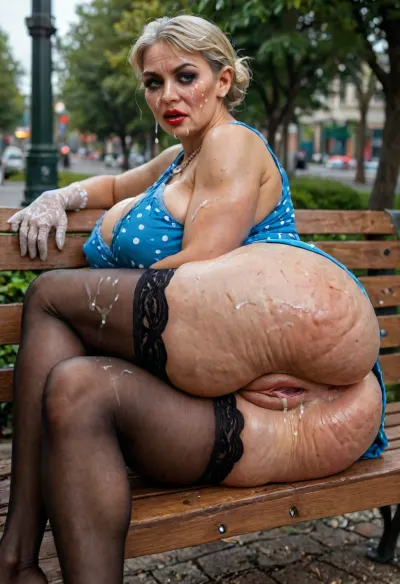 1950's pin-up art style, solo blonde granny Mom posing straight, frontal view, sides view, back view, standing, sitting, on bench, (crossed legs:1.4), (big breasts both sides view from behind), (cum dripping from anus on legs:1.3), (facial bukkake:1.4), (ruined vulgar makeup:1.2), red lipstick, (blue vintage polka dot dress:1.1), (straight dynamic posing in living public park:1.2), (perfect lace black stockings:1.4), (white belt:1.2), (white lace gloves:1.2), (big labia cameltoe:1.5), (gaping vagina:1.2), (oiled glossyshiny skin:1.4), (gaping vagina:1), (full bottomless), (wrinkled cellulite big butt), big natural sagging breasts, long black lashes, necklace, half-open mouth, (very angry shocked face), green, eyes, blue, brown, perfecteyes, large, breasts, big, boobs, huge, tits, <lora:PerfectEyesXL:2>, <lora:detailed_notrigger:2>, <lora:bombshell_v2:2>, <lora:LCMTurboMix_Euler_A_fix:.6>