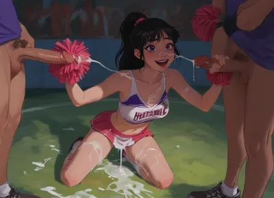 slutty, (((cheerleaders))), kneeling in front of multiple cock dripping excessive cum, excessive cum between tits, cum on breast, cum on legs, cum covered, on football yard, smiling, excited, (hyper detailed), (violet eyes), bare chested woman, large saggy breasts, handjob, (prgasmic face:1.5), (SamDoesArts:.9), drawing, (J_cartoon:1.3), (incase:.5), <lora:SDXLSamDoesArts:.5>, <lora:mk_Bp Anime_xl:.2>, <lora:EnvyAnimeDigitalPaintingXL01:.1>, <lora:ratatatat74-000050:.1>, <lora:J_cartoon:.1>