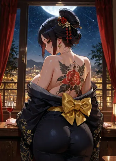 (big window, kyoto, mountains, night, moon, stars, shooting star, milkyway), slightly above shot, (establishing shot:1.5), back view, 1 female, Geisha, holding a glass of red wine, contemplating, bothered expression, hotel room, elegant furniture, silken curtains, dark yukata with a golden pattern, dark hair, red hair ornament, hairpin, medium sized breasts, visible thighs and cheeks through the fabric, curvy, bare shoulders, brown eyes, extremely detailed eye, pink lipstick, black eyeshadow, cleavage, she has a colorful back tattoo with intricate details which is partly covered by her yukata which sits very low, the city in the background is glowing with vibrant colors, masterpiece, absurdres