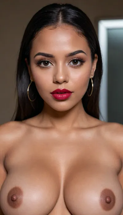 Insanely close up detailed photo of an latin 28-year-old girl, curvy body, latina, black straight hairs, full lips, (((lipstick))), very big eyes, make up, dark skin, (dark skin cinnamon), (nude:1.2), (naked:1.3), (((no clothes))), (((with elastic big breasts))), (((round earrings))), (different poses), (showing her butts), (pussy visible:1.3), sexy, beautiful, tanned, with a perfect face, detailed face, (detailed hair, light hairstyle:1.1), (shiny dark skin body, realistic sweat:1.1), straight hairs, black hairs, earrings, nose earrings, Looking at the camera, in a dark room, lots of details, three-dimensional, epic, clear focus, depth of field, professional lighting, full view, 8k photography, HDR, the picture was taken on Canon EOS R5, 75 mm lens