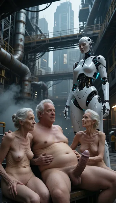 In an outdoor room, an obese old man with a huge belly and disheveled white hair sits on his back. His giant penis is erect. Two elderly, naked, and stout women, around 90 years old, are also present. Their skin, marked by wrinkles, (small, long, sagging breasts, thin skin), is that of women their age., (One of the women is masturbating the man:1.9), meters tall., cinematic wide view, full body of a female cyborg, sleek white and metallic chassis with visible joints and glowing accents, standing confidently in a sprawling futuristic industrial cityscape, background filled with intricate pipes, massive machinery, steel catwalks, and towering mechanical structures, volumetric lighting, atmospheric haze and smoke, industrial aesthetic, cyberpunk atmosphere, hyper-realistic, highly detailed, sharp focus, 8k resolution, rendered in Unreal Engine 5, dark and moody color palette with cool gray tones, contrast of clean humanoid form against gritty industrial environment, cinematic lighting, masterpiece, intricate textures.