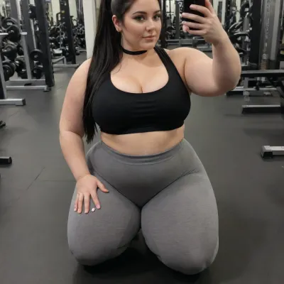 Raw picture, iPhone 15 pro photo, Cute British pawg, 25 years old, ((green eyes)), (((dark black hair))), ponytail hairstyle, ((Facing Forward)), ((Kneeling)), (((Using hand to lean on))), (large boobs), ((pawg, fat packed hips, chubby belly, (thick thighs), plumper, chubby face)), Wearing, gym, (((high waist Gray Polyester gym leggings))), black chocker, taking a selfie in gym, flashphoto, dark light, skin detailed with skin imperfections, <lora:EnvyThiccXL02:.4>