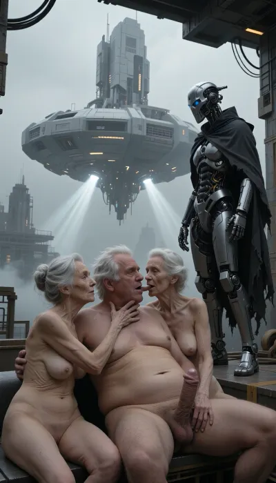 In an outdoor room, an obese old man with a prominent belly and disheveled white hair is sitting on his back. His penis is erect. Two elderly, naked, and stout women, around 90 years old, are also present. Their skin, marked by wrinkles, (small, long, sagging breasts, thin skin), is that of women of their age., (One of the women performs fellatio on the man:3.9), Cinematic science fiction concept art, a solitary futuristic cyborg figure, wearing a mechanical skull-shaped mask and a dark, tattered cape, stands on a ledge, contemplating a huge floating monolithic structure, heavy industrial architecture, a hazy, misty atmosphere, dramatic beams of light bursting from beneath the vessel, a monochrome color palette with shades of grey and muted highlights, intricate mechanical details, a cyberpunk aesthetic, an epic scale, hyperrealistic, highly detailed, sharp focus, volumetric lighting, digital painting, trending on ArtStation, in the style of Simon Stålenhag and H.R. Giger.