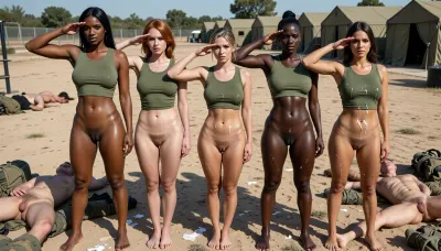 (masterpiece, best quality:1.3), photorealistic, 8k, ultra-detailed, five diverse female soldiers standing in a perfect straight line at attention outside a dusty military training field, only wearing matching olive green tank top shirts, shirts cover breasts and bellies, lower half completely nude, bushy pussies, (tight-fitting shirts to reveal hourglass curves narrow waists), barefoot, all five rendering a simultaneous sharp salute with perfect synchrony, feet together, rigid upright posture, military bearing. they are all dripping cum from their pussies, cums splattered all about their bodies and shirts, stains of cum Soldier 1, tall athletic brunette with green eyes, olive skin, muscular thighs.
Soldier 2, medium-height curvy redhead with fair skin, freckles, wide hips, blue eyes.
Soldier 3, petite blonde with honey skin, athletic hourglass figure, hazel eyes.
Soldier 4, tall black woman with sculpted curves, black hair, tight pony tail, brown eyes, strong shoulders.
Soldier 5, medium-height Latina with long dark hair, light brown-bronze skin, pronounced curves, full lips, brown eyes.

All with stern determined expressions, hand salute, eyes ahead, army tents and obstacle course in background, lots of nude male bodies on the ground, dead bodies, splashes of cum, male bodies with soft cocks, cum on cocks, they all died after being fucked by these women, bird eye view, view from above, diagonal view, drone view, very wide angle shot, Dutch angle, Canon R5 16-35mm, functional tactical gear scattered on the ground, highly detailed skin textures.
