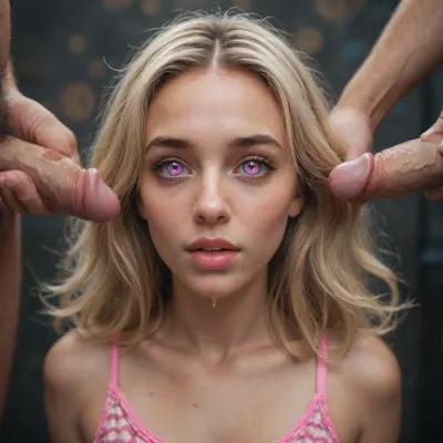 Blonde with spiral eyes effect, mind control scenario, drooling, blank expression, programmed sex slave, two men giving her commands, complete submission and obedience, trigger word activation, empty-minded fucktoy state, pink heels as only clothing, mind break fetish, photorealistic, psychedelic lighting effects, spiral patterns