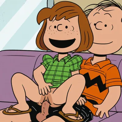 A cartoon illustration in the style of Charles M. Schulz, featuring Peppermint Patty having vaginal sex with Charlie. Patty has short, reddish-brown bobbed hair with side-swept bangs and freckles across her nose. Her face features simple black dot eyes, a curved smile revealing a wide open mouth, and raised eyebrows conveying joy. She wears a bright green plaid short-sleeve shirt underneath naked paired with brown flip-flops.
She has Charlies penis in her vagina, having sex with a Charlie, depicted with his signature orange shirt adorned with a black zigzag pattern, reverse cowgirl, leaning back, fucked from behind, (((man's hands on her abdomen))), legs down, sex on Casting Couch, The scene is rendered with bold outlines and flat coloring, with sweat droplets indicating exertion or heat. The color palette is limited, dominated by skin tones, orange, green, and black, against a light background. The composition is a close-up shot, emphasizing the characters' expressions and interactions. The mood is suggestive and intimate.