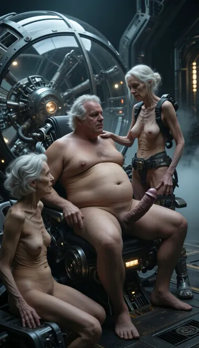In an outdoor room, an obese old man with a huge belly and disheveled white hair sits on his back. His enormous penis is erect. Two elderly, naked, and stout women, around 90 years old, are also present. Their skin, marked by wrinkles, (small, long, sagging breasts, thin skin), is that of women their age., (One of the women is masturbating the man:1.9), meters tall., cinematic view, a person sitting inside a futuristic spherical glass cockpit of a complex mechanical spacecraft, sci-fi pilot, intricate mechanical details, metallic textures, glowing lights, pilot gear, hazy and misty atmosphere, gloomy moody lighting, highly detailed industrial design, volumetric fog, cinematic composition, photorealistic, 8k resolution, detailed shadows, dark science fiction style, Giger-esque aesthetic, deep depth of field, sharp focus on the cockpit.