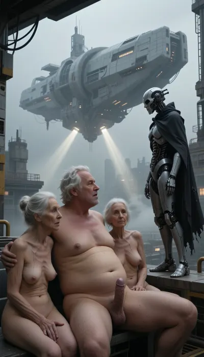 In an outdoor room, an obese old man with a huge belly and disheveled white hair sits on his back. His penis is erect. Two elderly, naked, and stout women, around 90 years old, are also present. Their skin, marked by wrinkles, (small, long, sagging breasts, thin skin), is that of women their age., (One of the women is masturbating the man:1.9), meters tall., cinematic sci-fi concept art, a lone futuristic cyborg figure with a mechanical skull-like mask and a dark tattered cloak standing on a ledge, looking out at a massive colossal monolithic floating spaceship structure, heavy industrial architecture, misty and foggy atmosphere, dramatic light rays beaming from beneath the spaceship, monochromatic color palette with shades of gray and muted highlights, intricate mechanical details, cyberpunk aesthetic, epic scale, hyper-realistic, highly detailed, sharp focus, volumetric lighting, digital painting, trending on ArtStation, style of Simon Stålenhag and H.R. Giger.