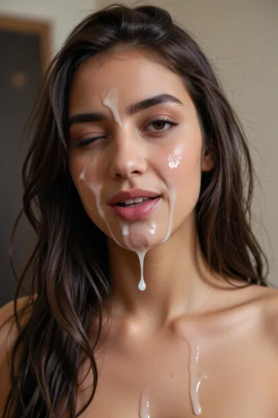 1girl, very tall skinny beautiful Moroccan Amazigh 23yo girlfriend, solo, cum, realistic, lips, long_hair, brown_hair, facial, looking_at_viewer, nude, half-closed_eyes, cum_in_mouth, mole, with her face covered in tons of cum