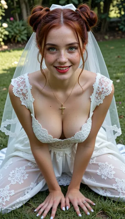 21 years old girl, dark ginger space buns, two hair buns, bright green eyes, detailed face, perfect skin, white pale skin, extremely beautiful, red lipstick, gold cross necklace, freckles, white lace princess dress, white lace wedding dress, smiling, in garden, full body shot, standing pose, perky tits, big breasts, deep cleavage, ginger girl, hands on the floor behind her, beautiful, masterpiece, white painted fingernails, non nude, white veil