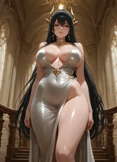 cinematic still An extreme low-angle shot gazes up at a stunning woman in a sleek, sexy evening gown that clings to her curves. The plunging neckline showcases her ample cleavage while the high slit reveals her long legs. She looks down at the viewer with a haughty, aristocratic expression, as if they're beneath her notice. The severe perspective emphasizes her regal bearing and unattainability. 4k epic detail, shot on kodak, 35mm photo, sharp focus, high budget, cinemascope, moody, epic, gorgeous, film grain, grainy, score_9, score_8_up, score_7_up, evening_gown, plunging_neckline, high_slit, haughty, aristocratic, unattainable