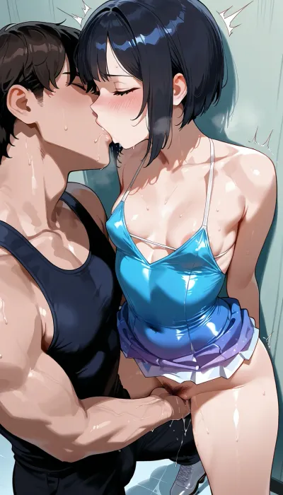Ice skater girl, between two men, men pushing her to the wall, small breasts, micro bikini top, figure skating dress, puffy nip slip, ice skates, a man sliding his hand under her clothes, groping her, cuddling her, fingering her pussy, fingering her vaginal, molesting her, sucking her tits, black hair, (hairy pussy:1), She is moaning, screaming. Side view, (view from above:1.3)