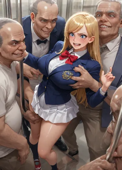 (Standing:1.4), realism, forced, reveals, open legs, feets, arched back, short French girl, {{ perfect face, masterpiece, big eyes, (wide-eyed:1.2), (crying:1.5), (young French girl:1.2), (the girl is 18 Years old French girl dressed in white panties and white skirt and Navy blue blazer and white shirt and red bow tie and Black socks and red shoes and Silver ring bracelet), (Navy blue blazer:1.5), blue eyes, (blonde hair:1.3), (forehead:1.3), (swept bangs:1.4), long hair, (natural straight hair:1.3), (crying:1.4), (angry:1.2), afraid, (shocking:1.4), indoors, groping, (grabbing:1.6), (gangbang:1.5), fingering, finger fuck, 8, (hands, caress, a, girl body:1.3), {, (55 years old ugly Asian men:1.5), (ugly old man:1.3), (smiling men are clothing shirts:1.2), }, (in train)